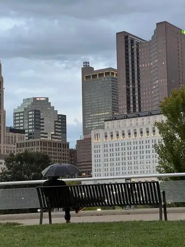 Urban solitude on a rainy, overcast day.